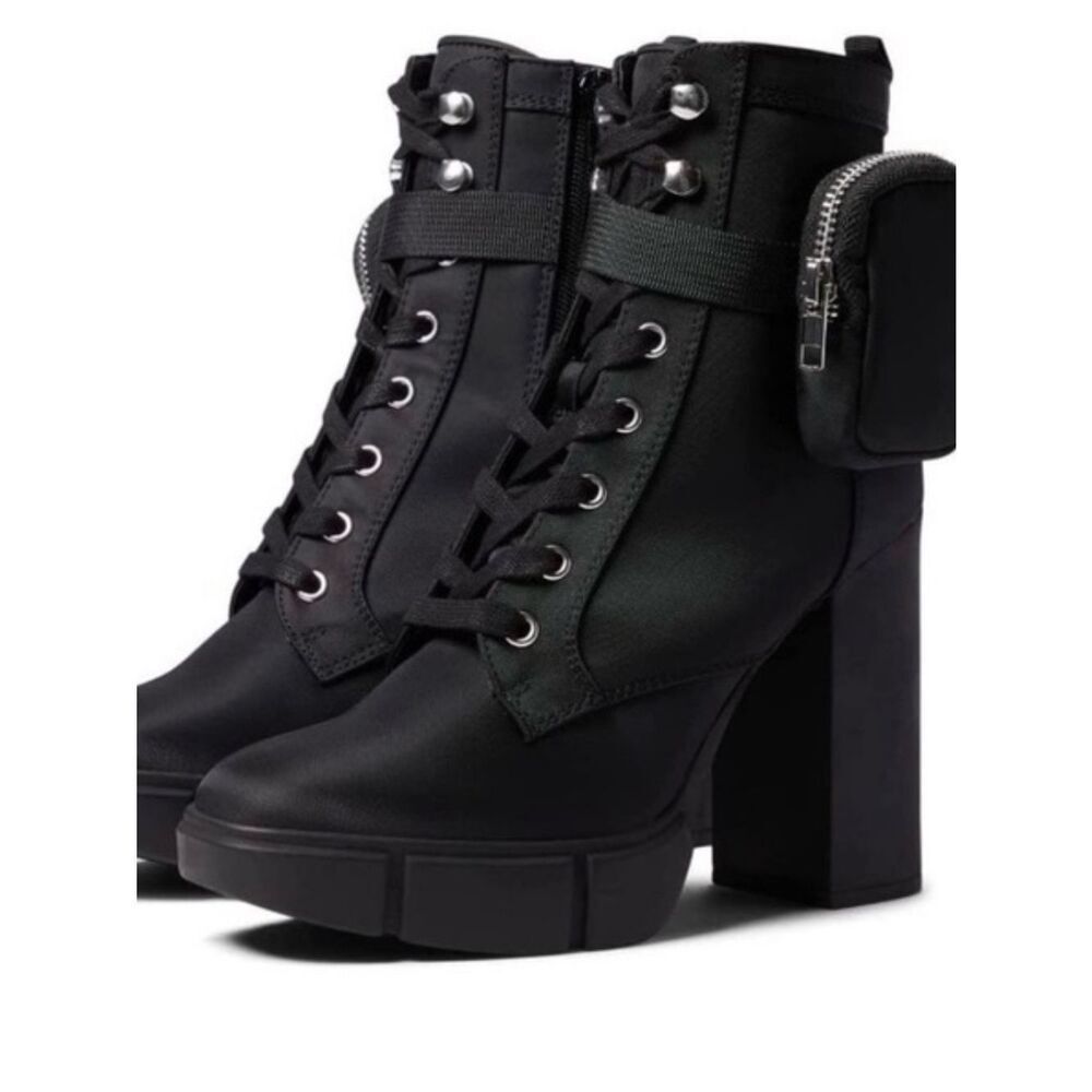 Steve Madden Black Lace-Up Platform Combat Ankle Boots with Zipper Pouch